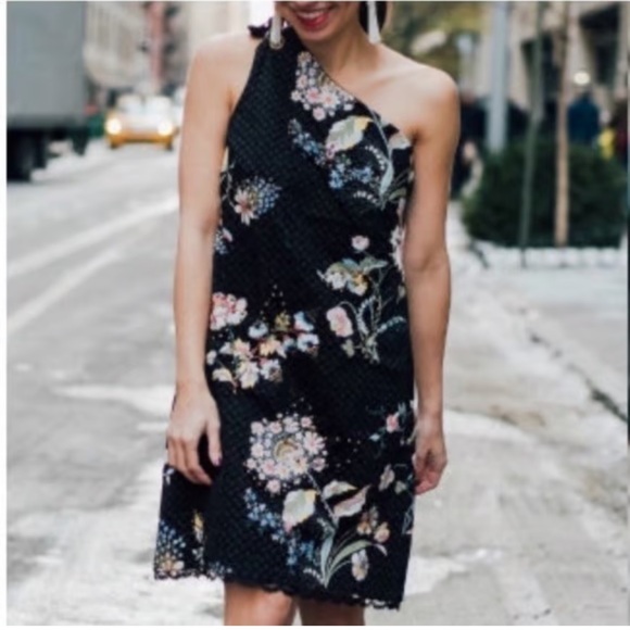 Antropologie’s Maeve Black One Shoulder Textured Cotton Floral Stud Mini Dress 8 - Picture 1 of 11